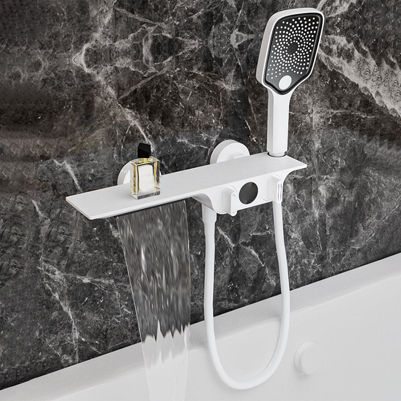 Wall Mounted Metal Bathroom Faucet Low Arc Waterfall Tub Filler White 2 Hole Faucets Clearhalo 'Bathroom Remodel & Bathroom Fixtures' 'Bathtub Faucets' 'bathtub_faucets' 'Home Improvement' 'home_improvement' 'home_improvement_bathtub_faucets' 6659477