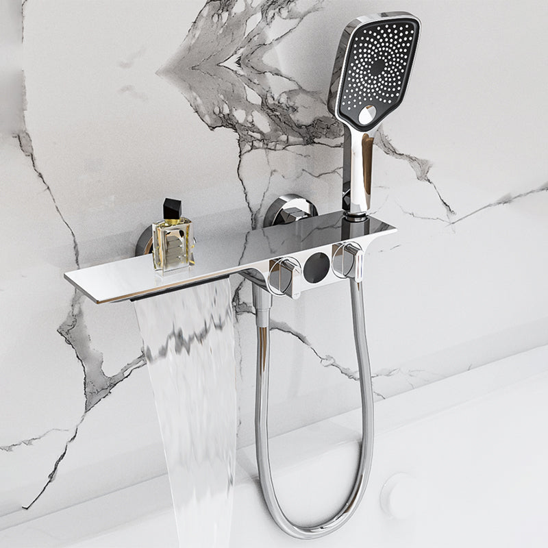 Wall Mounted Metal Bathroom Faucet Low Arc Waterfall Tub Filler Chrome 2 Hole Faucets Clearhalo 'Bathroom Remodel & Bathroom Fixtures' 'Bathtub Faucets' 'bathtub_faucets' 'Home Improvement' 'home_improvement' 'home_improvement_bathtub_faucets' 6659479
