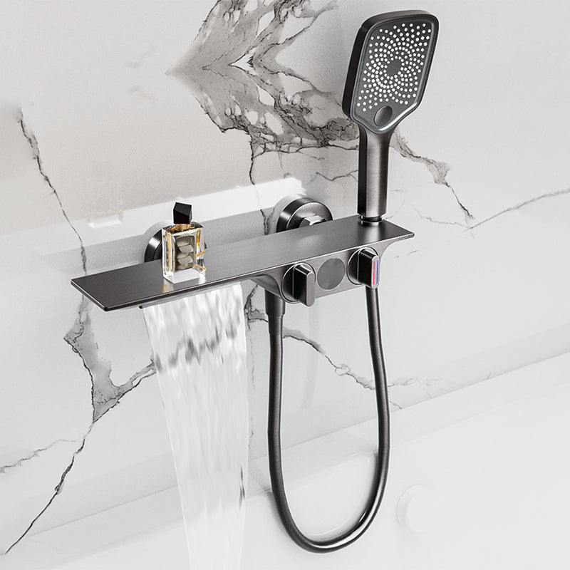 Wall Mounted Metal Bathroom Faucet Low Arc Waterfall Tub Filler Gun Grey 2 Hole Faucets Clearhalo 'Bathroom Remodel & Bathroom Fixtures' 'Bathtub Faucets' 'bathtub_faucets' 'Home Improvement' 'home_improvement' 'home_improvement_bathtub_faucets' 6659481