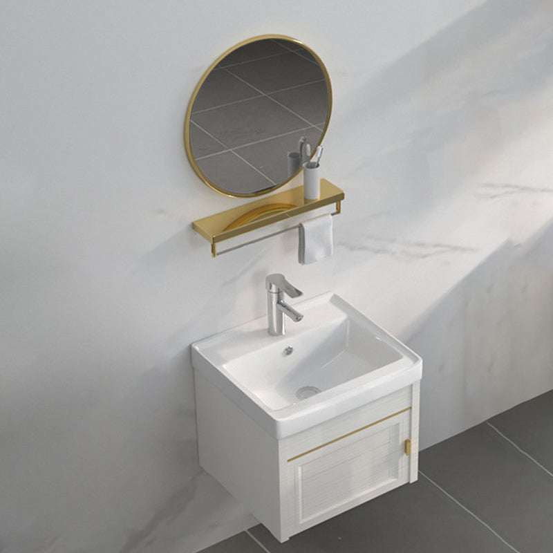 Single Sink Vanity Set Mirror Wall Mount Metal Frame Rectangle Bath Vanity with 2 Doors Vanity & Faucet & Round Mirror 17"L x 14"W x 16"H Clearhalo 'Bathroom Remodel & Bathroom Fixtures' 'Bathroom Vanities' 'bathroom_vanities' 'Home Improvement' 'home_improvement' 'home_improvement_bathroom_vanities' 6659501