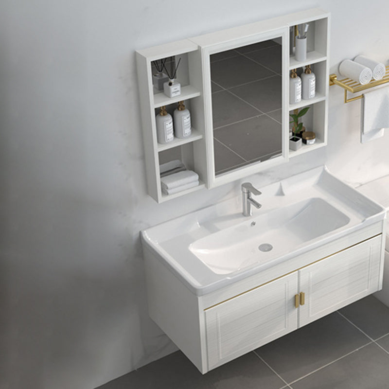 Single Sink Vanity Set Mirror Wall Mount Metal Frame Rectangle Bath Vanity with 2 Doors Vanity & Faucet & Enclosed Mirror Cabinet 40"L x 19"W x 19"H Clearhalo 'Bathroom Remodel & Bathroom Fixtures' 'Bathroom Vanities' 'bathroom_vanities' 'Home Improvement' 'home_improvement' 'home_improvement_bathroom_vanities' 6659504