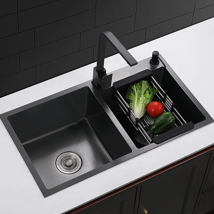 Contemporary Style Double Sink Stainless Steel 2 Holes Sink for Kitchen 30"L x 16"W x 8"H Sink with Faucet Square Faucet Clearhalo 'Home Improvement' 'home_improvement' 'home_improvement_kitchen_sinks' 'Kitchen Remodel & Kitchen Fixtures' 'Kitchen Sinks & Faucet Components' 'Kitchen Sinks' 'kitchen_sinks' 6664558