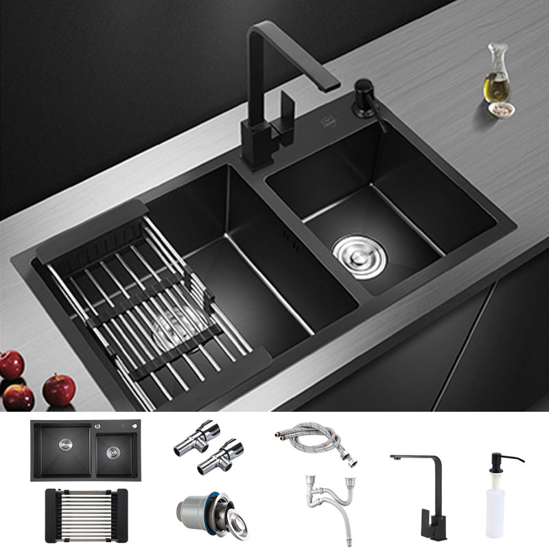 Contemporary Style Double Sink Stainless Steel 2 Holes Sink for Kitchen Sink with Faucet Square Faucet Clearhalo 'Home Improvement' 'home_improvement' 'home_improvement_kitchen_sinks' 'Kitchen Remodel & Kitchen Fixtures' 'Kitchen Sinks & Faucet Components' 'Kitchen Sinks' 'kitchen_sinks' 6664560