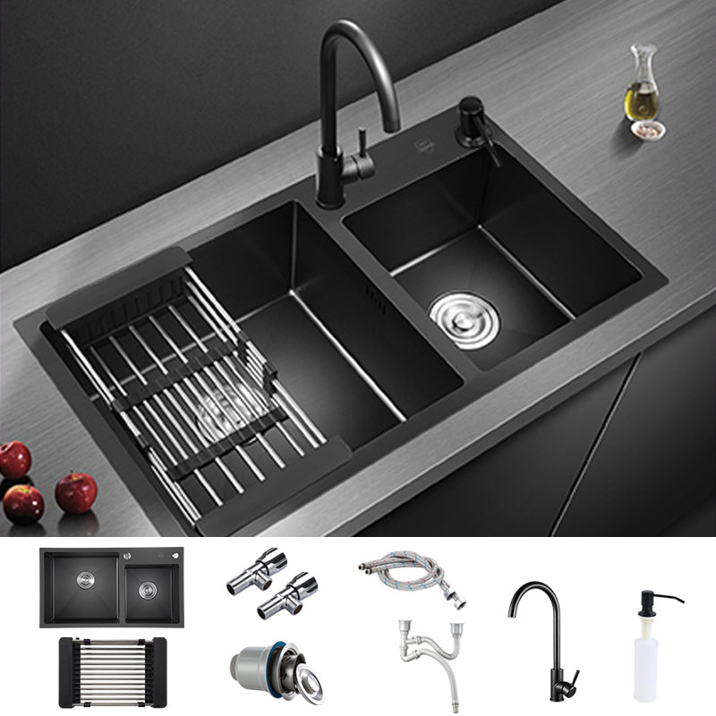 Contemporary Style Double Sink Stainless Steel 2 Holes Sink for Kitchen Sink with Faucet Round Faucet Clearhalo 'Home Improvement' 'home_improvement' 'home_improvement_kitchen_sinks' 'Kitchen Remodel & Kitchen Fixtures' 'Kitchen Sinks & Faucet Components' 'Kitchen Sinks' 'kitchen_sinks' 6664564
