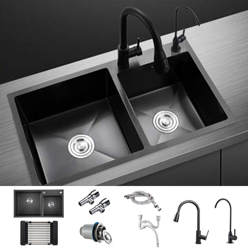 Contemporary Style Double Sink Stainless Steel 2 Holes Sink for Kitchen Sink with Faucet Double Tap for Water Purification Clearhalo 'Home Improvement' 'home_improvement' 'home_improvement_kitchen_sinks' 'Kitchen Remodel & Kitchen Fixtures' 'Kitchen Sinks & Faucet Components' 'Kitchen Sinks' 'kitchen_sinks' 6664565