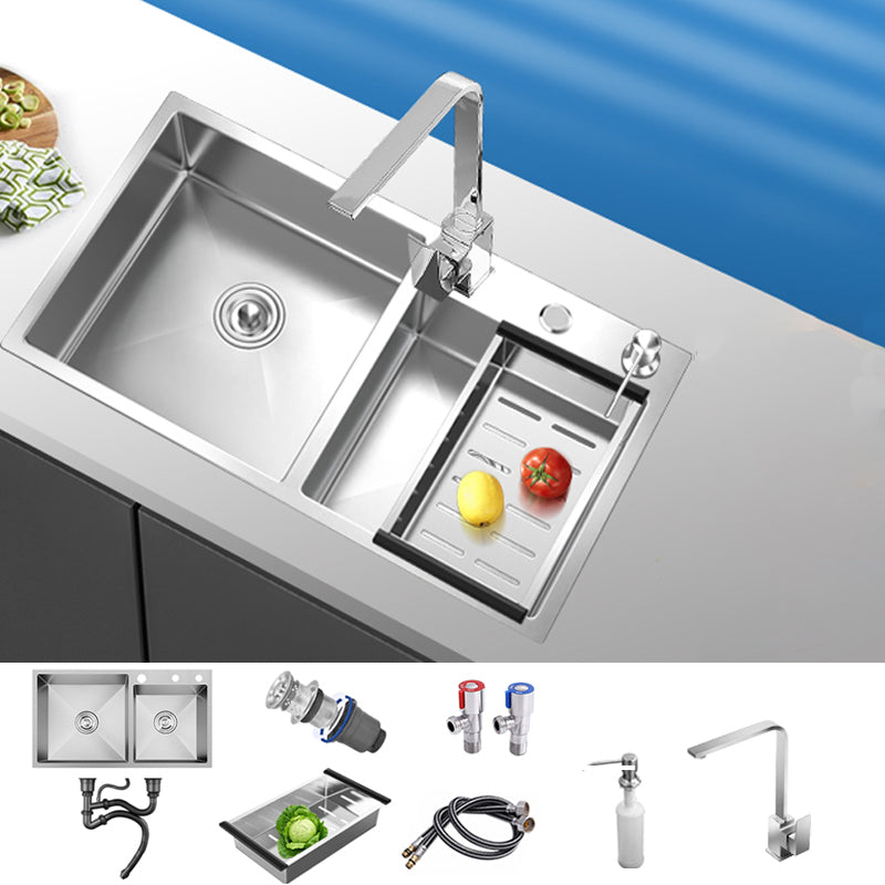 Classic Style Kitchen Sink Stainless Steel Drop-In Noise-cancelling Design Kitchen Sink 30"L x 16"W x 9"H Sink with Faucet Square Faucet Clearhalo 'Home Improvement' 'home_improvement' 'home_improvement_kitchen_sinks' 'Kitchen Remodel & Kitchen Fixtures' 'Kitchen Sinks & Faucet Components' 'Kitchen Sinks' 'kitchen_sinks' 6667466