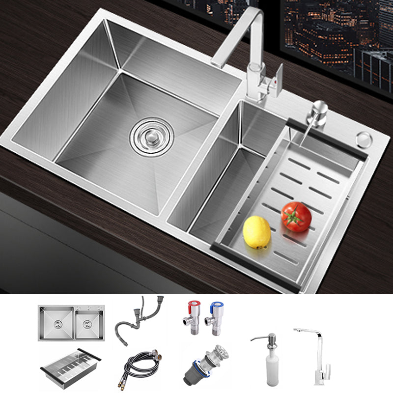 Classic Style Kitchen Sink Stainless Steel Drop-In Noise-cancelling Design Kitchen Sink Sink with Faucet Square Faucet Clearhalo 'Home Improvement' 'home_improvement' 'home_improvement_kitchen_sinks' 'Kitchen Remodel & Kitchen Fixtures' 'Kitchen Sinks & Faucet Components' 'Kitchen Sinks' 'kitchen_sinks' 6667478