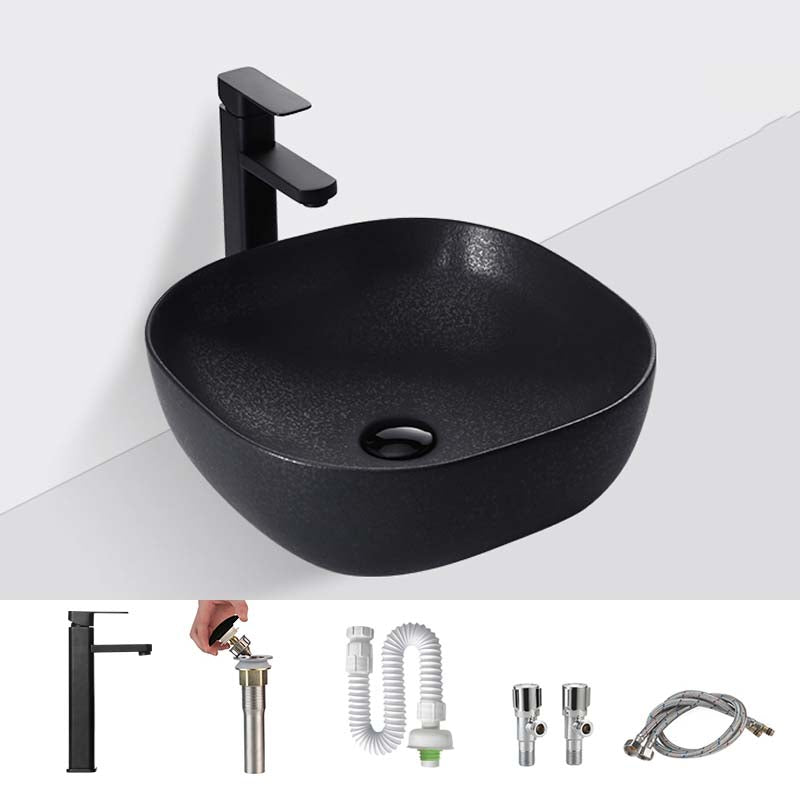 Black Trough Bathroom Sink Round Porcelain Trough Bathroom Sink 16.5"L x 16.5"W x 5.7"H Sink with Faucet Clearhalo 'Bathroom Remodel & Bathroom Fixtures' 'Bathroom Sinks & Faucet Components' 'Bathroom Sinks' 'bathroom_sink' 'Home Improvement' 'home_improvement' 'home_improvement_bathroom_sink' 6667494