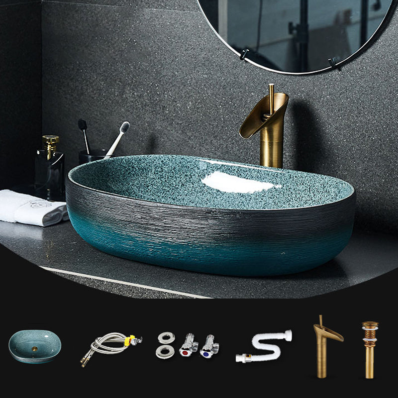 Traditional Vessel Sink Vitreous China Oval with Pop-Up Drain Bathroom Sink 19"L x 13"W x 6"H Sink with Faucet Clearhalo 'Bathroom Remodel & Bathroom Fixtures' 'Bathroom Sinks & Faucet Components' 'Bathroom Sinks' 'bathroom_sink' 'Home Improvement' 'home_improvement' 'home_improvement_bathroom_sink' 6667549