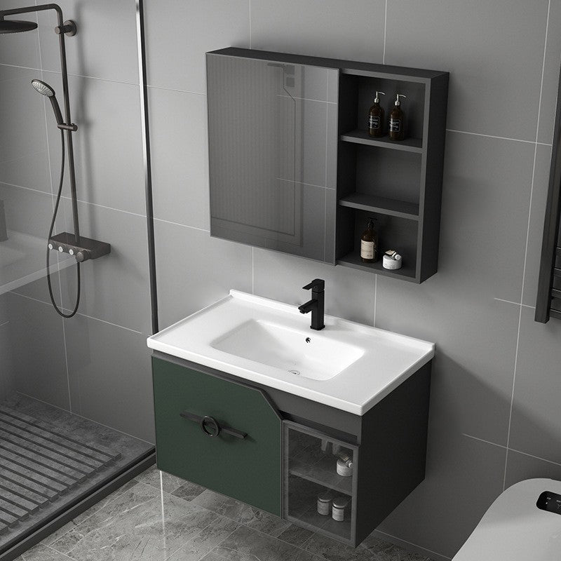 Metal Frame Bath Vanity Mirror Rectangle Wall Mount Single Sink Bathroom Vanity Set Vanity & Faucet & Mirror Cabinet 31.9"L x 18.5"W x 18.1"H Green Clearhalo 'Bathroom Remodel & Bathroom Fixtures' 'Bathroom Vanities' 'bathroom_vanities' 'Home Improvement' 'home_improvement' 'home_improvement_bathroom_vanities' 6667606