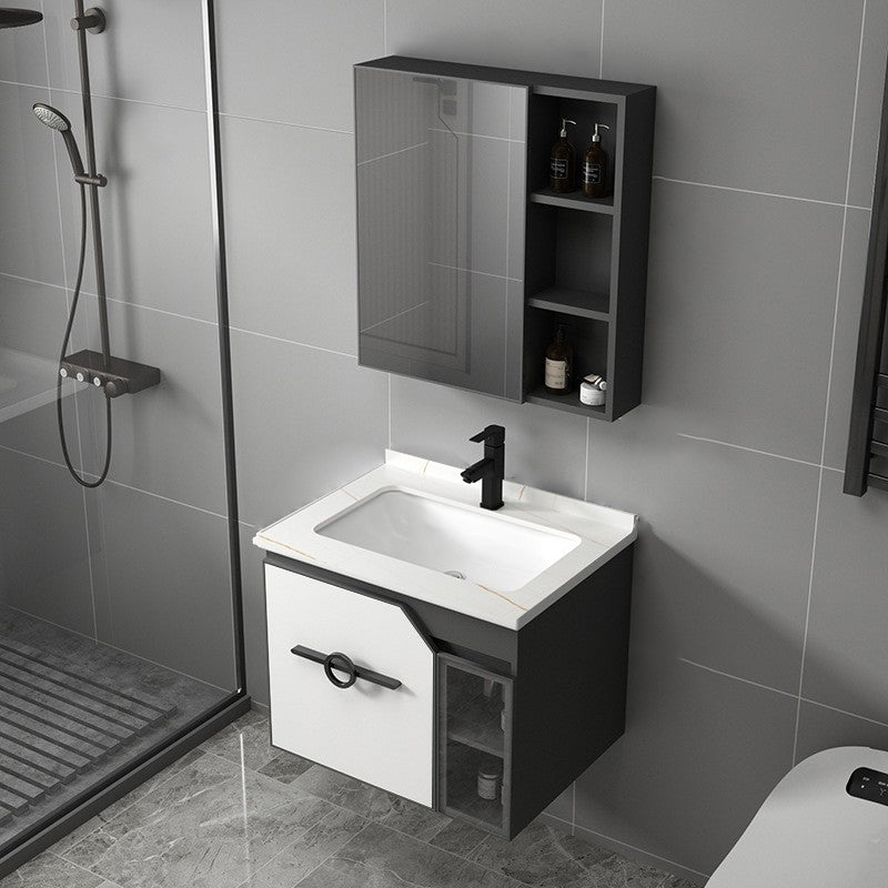 Metal Frame Bath Vanity Mirror Rectangle Wall Mount Single Sink Bathroom Vanity Set Vanity & Faucet & Mirror Cabinet 23.6"L x 18.5"W x 18.1"H White Clearhalo 'Bathroom Remodel & Bathroom Fixtures' 'Bathroom Vanities' 'bathroom_vanities' 'Home Improvement' 'home_improvement' 'home_improvement_bathroom_vanities' 6667607