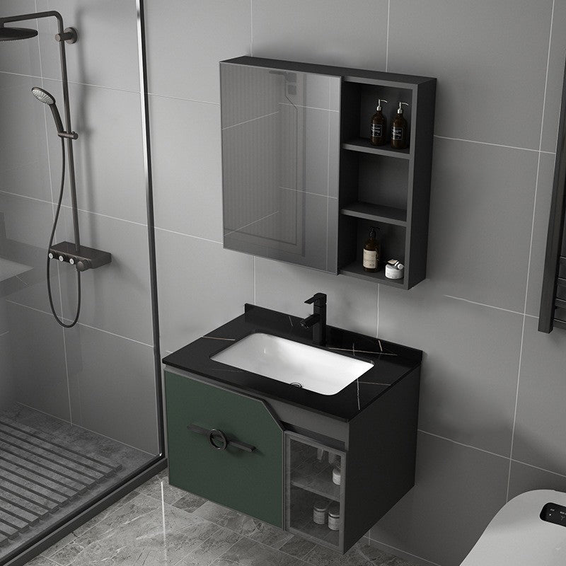 Metal Frame Bath Vanity Mirror Rectangle Wall Mount Single Sink Bathroom Vanity Set Vanity & Faucet & Mirror Cabinet 27.6"L x 18.5"W x 18.1"H Green Clearhalo 'Bathroom Remodel & Bathroom Fixtures' 'Bathroom Vanities' 'bathroom_vanities' 'Home Improvement' 'home_improvement' 'home_improvement_bathroom_vanities' 6667608