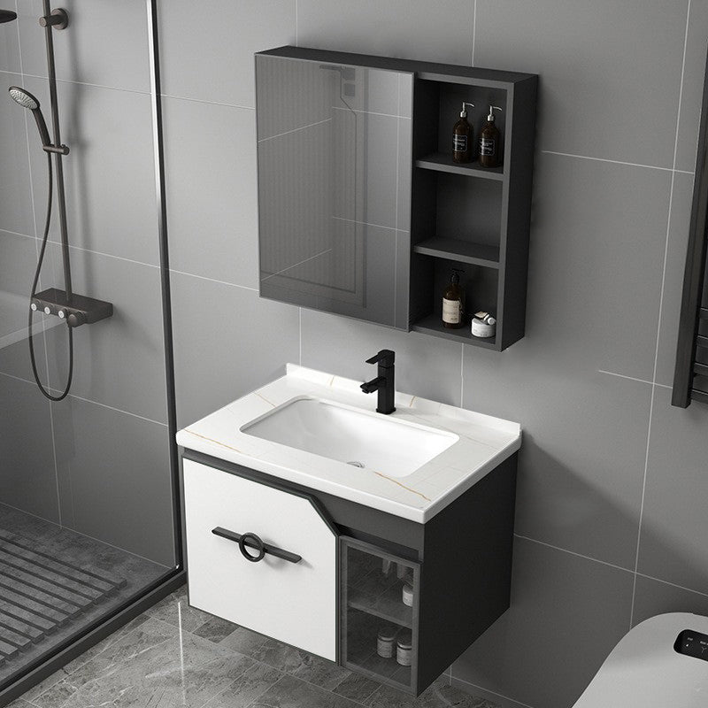 Metal Frame Bath Vanity Mirror Rectangle Wall Mount Single Sink Bathroom Vanity Set Vanity & Faucet & Mirror Cabinet 27.6"L x 18.5"W x 18.1"H White Clearhalo 'Bathroom Remodel & Bathroom Fixtures' 'Bathroom Vanities' 'bathroom_vanities' 'Home Improvement' 'home_improvement' 'home_improvement_bathroom_vanities' 6667610