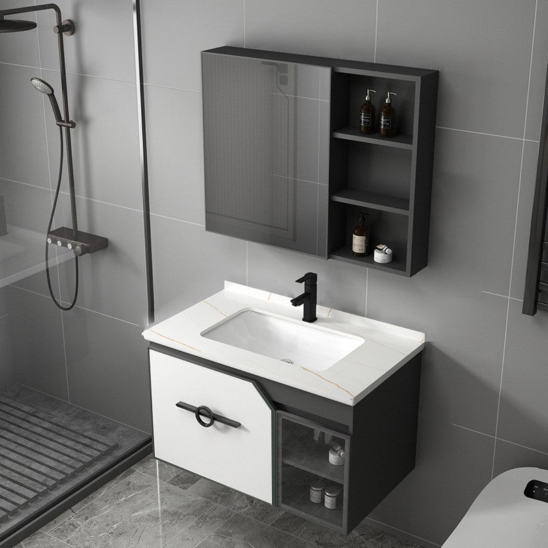 Metal Frame Bath Vanity Mirror Rectangle Wall Mount Single Sink Bathroom Vanity Set Vanity & Faucet & Mirror Cabinet White Clearhalo 'Bathroom Remodel & Bathroom Fixtures' 'Bathroom Vanities' 'bathroom_vanities' 'Home Improvement' 'home_improvement' 'home_improvement_bathroom_vanities' 6667612