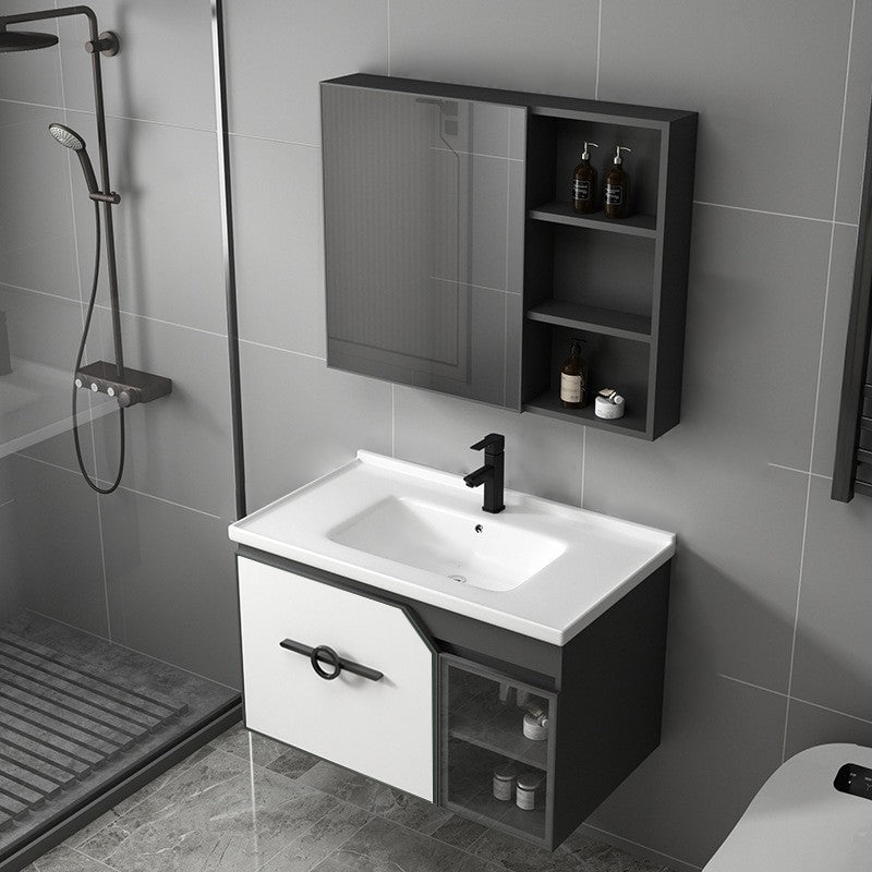 Metal Frame Bath Vanity Mirror Rectangle Wall Mount Single Sink Bathroom Vanity Set Vanity & Faucet & Mirror Cabinet 31.9"L x 18.5"W x 18.1"H White Clearhalo 'Bathroom Remodel & Bathroom Fixtures' 'Bathroom Vanities' 'bathroom_vanities' 'Home Improvement' 'home_improvement' 'home_improvement_bathroom_vanities' 6667617