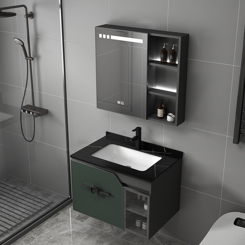 Metal Frame Bath Vanity Mirror Rectangle Wall Mount Single Sink Bathroom Vanity Set Vanity & Faucet & Smart Medicine Cabinet 27.6"L x 18.5"W x 18.1"H Green Clearhalo 'Bathroom Remodel & Bathroom Fixtures' 'Bathroom Vanities' 'bathroom_vanities' 'Home Improvement' 'home_improvement' 'home_improvement_bathroom_vanities' 6667621