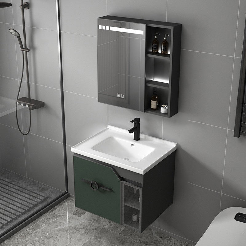 Metal Frame Bath Vanity Mirror Rectangle Wall Mount Single Sink Bathroom Vanity Set Vanity & Faucet & Smart Medicine Cabinet 24"L x 18.5"W x 18.1"H Green Clearhalo 'Bathroom Remodel & Bathroom Fixtures' 'Bathroom Vanities' 'bathroom_vanities' 'Home Improvement' 'home_improvement' 'home_improvement_bathroom_vanities' 6667625