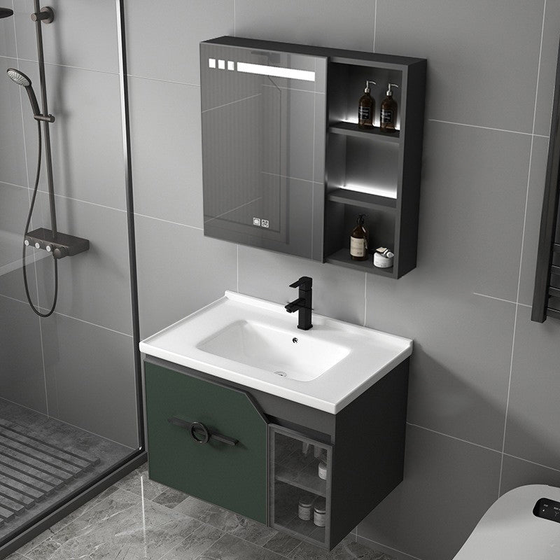 Metal Frame Bath Vanity Mirror Rectangle Wall Mount Single Sink Bathroom Vanity Set Vanity & Faucet & Smart Medicine Cabinet 28"L x 18.5"W x 18.1"H Green Clearhalo 'Bathroom Remodel & Bathroom Fixtures' 'Bathroom Vanities' 'bathroom_vanities' 'Home Improvement' 'home_improvement' 'home_improvement_bathroom_vanities' 6667626