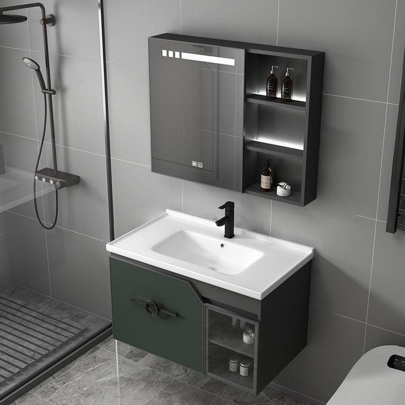 Metal Frame Bath Vanity Mirror Rectangle Wall Mount Single Sink Bathroom Vanity Set Vanity & Faucet & Smart Medicine Cabinet 31.9"L x 18.5"W x 18.1"H Green Clearhalo 'Bathroom Remodel & Bathroom Fixtures' 'Bathroom Vanities' 'bathroom_vanities' 'Home Improvement' 'home_improvement' 'home_improvement_bathroom_vanities' 6667628