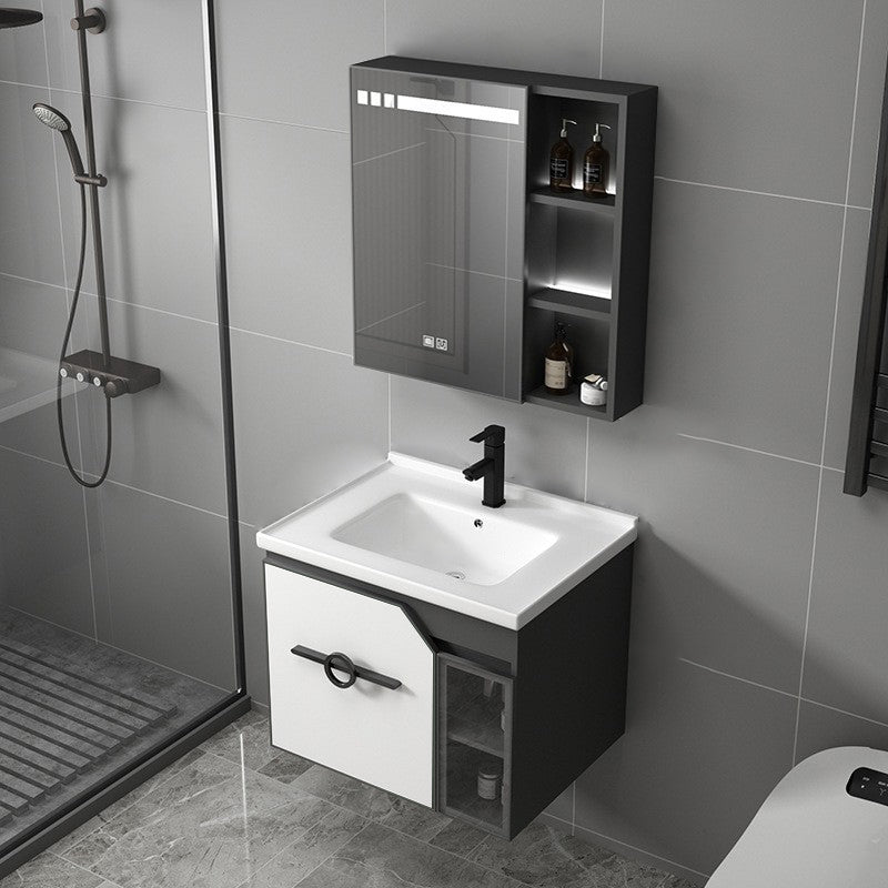 Metal Frame Bath Vanity Mirror Rectangle Wall Mount Single Sink Bathroom Vanity Set Vanity & Faucet & Smart Medicine Cabinet 24"L x 18.5"W x 18.1"H White Clearhalo 'Bathroom Remodel & Bathroom Fixtures' 'Bathroom Vanities' 'bathroom_vanities' 'Home Improvement' 'home_improvement' 'home_improvement_bathroom_vanities' 6667630