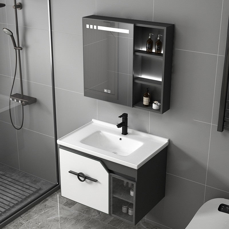 Metal Frame Bath Vanity Mirror Rectangle Wall Mount Single Sink Bathroom Vanity Set Vanity & Faucet & Smart Medicine Cabinet 28"L x 18.5"W x 18.1"H White Clearhalo 'Bathroom Remodel & Bathroom Fixtures' 'Bathroom Vanities' 'bathroom_vanities' 'Home Improvement' 'home_improvement' 'home_improvement_bathroom_vanities' 6667633