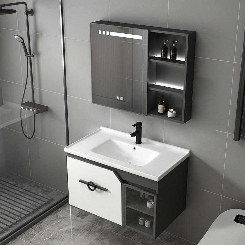 Metal Frame Bath Vanity Mirror Rectangle Wall Mount Single Sink Bathroom Vanity Set Vanity & Faucet & Smart Medicine Cabinet 31.9"L x 18.5"W x 18.1"H White Clearhalo 'Bathroom Remodel & Bathroom Fixtures' 'Bathroom Vanities' 'bathroom_vanities' 'Home Improvement' 'home_improvement' 'home_improvement_bathroom_vanities' 6667634