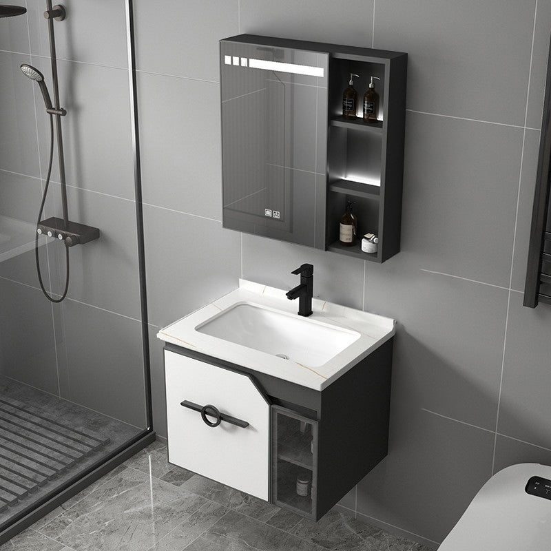 Metal Frame Bath Vanity Mirror Rectangle Wall Mount Single Sink Bathroom Vanity Set Vanity & Faucet & Smart Medicine Cabinet 23.6"L x 18.5"W x 18.1"H White Clearhalo 'Bathroom Remodel & Bathroom Fixtures' 'Bathroom Vanities' 'bathroom_vanities' 'Home Improvement' 'home_improvement' 'home_improvement_bathroom_vanities' 6667635