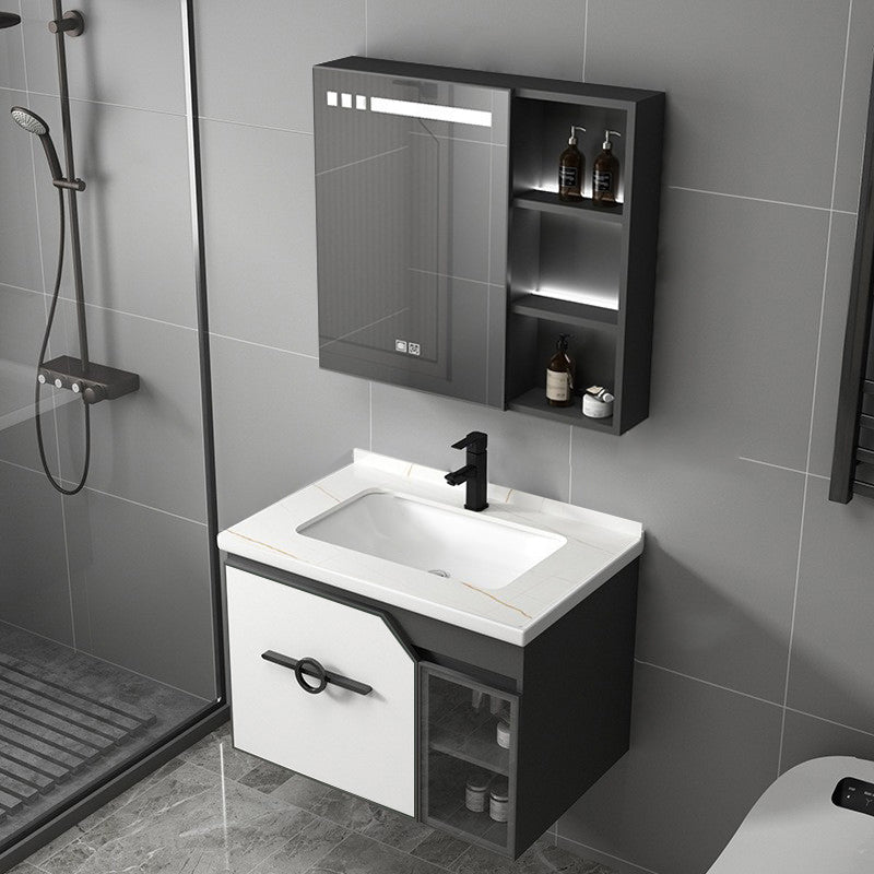 Metal Frame Bath Vanity Mirror Rectangle Wall Mount Single Sink Bathroom Vanity Set Vanity & Faucet & Smart Medicine Cabinet 27.6"L x 18.5"W x 18.1"H White Clearhalo 'Bathroom Remodel & Bathroom Fixtures' 'Bathroom Vanities' 'bathroom_vanities' 'Home Improvement' 'home_improvement' 'home_improvement_bathroom_vanities' 6667636