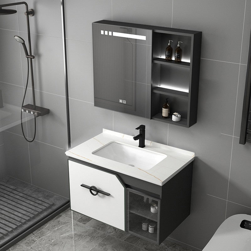 Metal Frame Bath Vanity Mirror Rectangle Wall Mount Single Sink Bathroom Vanity Set Vanity & Faucet & Smart Medicine Cabinet 31.5"L x 18.5"W x 18.1"H White Clearhalo 'Bathroom Remodel & Bathroom Fixtures' 'Bathroom Vanities' 'bathroom_vanities' 'Home Improvement' 'home_improvement' 'home_improvement_bathroom_vanities' 6667637