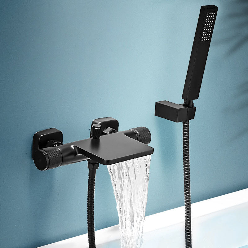 Modern Wall Mounted Metal Tub Filler Waterfall Double Handles Tub Faucet Trim Clearhalo 'Bathroom Remodel & Bathroom Fixtures' 'Bathtub Faucets' 'bathtub_faucets' 'Home Improvement' 'home_improvement' 'home_improvement_bathtub_faucets' 6668146