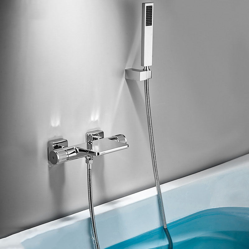 Modern Wall Mounted Metal Tub Filler Waterfall Double Handles Tub Faucet Trim Nickel Hand Shower Included Clearhalo 'Bathroom Remodel & Bathroom Fixtures' 'Bathtub Faucets' 'bathtub_faucets' 'Home Improvement' 'home_improvement' 'home_improvement_bathtub_faucets' 6668149