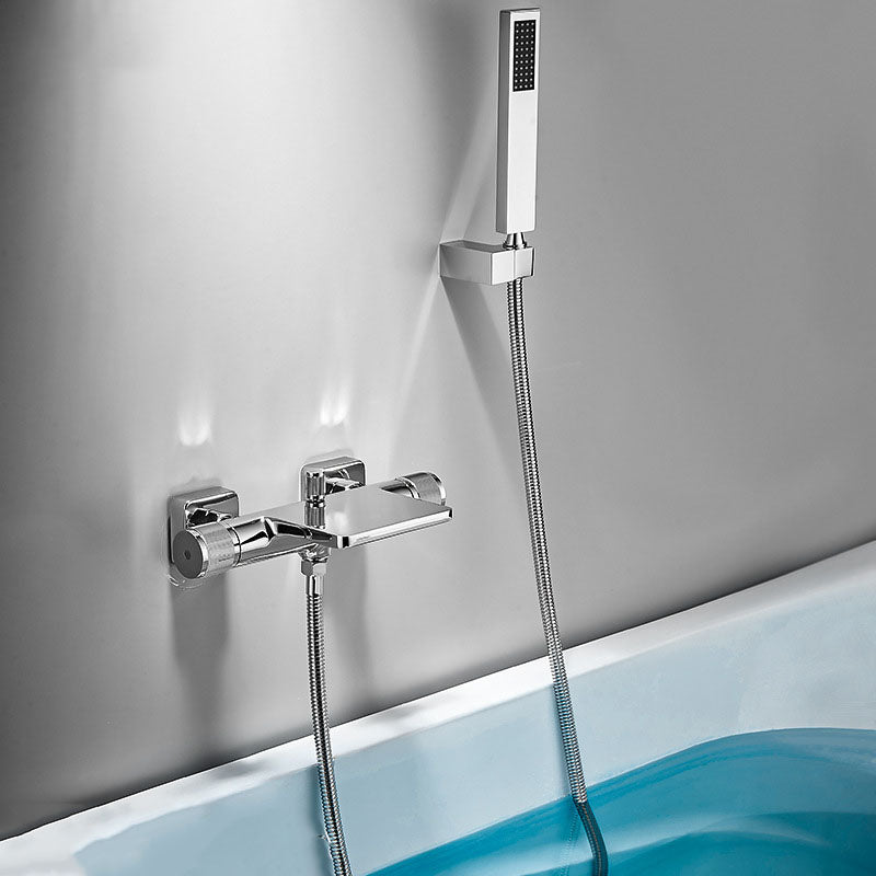 Modern Wall Mounted Metal Tub Filler Waterfall Double Handles Tub Faucet Trim Nickel Hand Shower Included Clearhalo 'Bathroom Remodel & Bathroom Fixtures' 'Bathtub Faucets' 'bathtub_faucets' 'Home Improvement' 'home_improvement' 'home_improvement_bathtub_faucets' 6668149