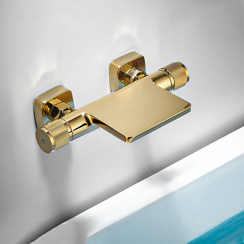 Modern Wall Mounted Metal Tub Filler Waterfall Double Handles Tub Faucet Trim Gold Hand Shower Not Included Clearhalo 'Bathroom Remodel & Bathroom Fixtures' 'Bathtub Faucets' 'bathtub_faucets' 'Home Improvement' 'home_improvement' 'home_improvement_bathtub_faucets' 6668152