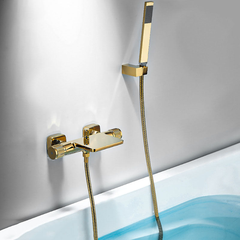 Modern Wall Mounted Metal Tub Filler Waterfall Double Handles Tub Faucet Trim Gold Hand Shower Included Clearhalo 'Bathroom Remodel & Bathroom Fixtures' 'Bathtub Faucets' 'bathtub_faucets' 'Home Improvement' 'home_improvement' 'home_improvement_bathtub_faucets' 6668154