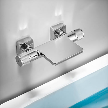 Modern Wall Mounted Metal Tub Filler Waterfall Double Handles Tub Faucet Trim Nickel Hand Shower Not Included Clearhalo 'Bathroom Remodel & Bathroom Fixtures' 'Bathtub Faucets' 'bathtub_faucets' 'Home Improvement' 'home_improvement' 'home_improvement_bathtub_faucets' 6668156