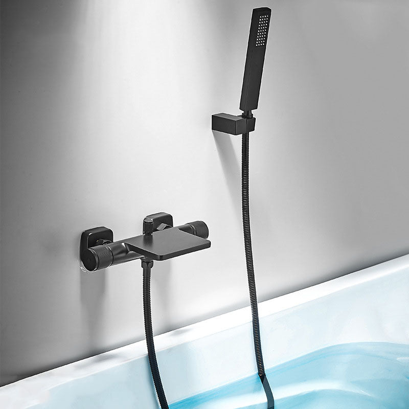 Modern Wall Mounted Metal Tub Filler Waterfall Double Handles Tub Faucet Trim Black Hand Shower Included Clearhalo 'Bathroom Remodel & Bathroom Fixtures' 'Bathtub Faucets' 'bathtub_faucets' 'Home Improvement' 'home_improvement' 'home_improvement_bathtub_faucets' 6668158