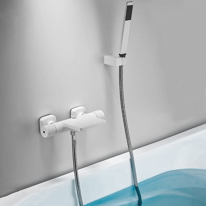 Modern Wall Mounted Metal Tub Filler Waterfall Double Handles Tub Faucet Trim White Hand Shower Included Clearhalo 'Bathroom Remodel & Bathroom Fixtures' 'Bathtub Faucets' 'bathtub_faucets' 'Home Improvement' 'home_improvement' 'home_improvement_bathtub_faucets' 6668160