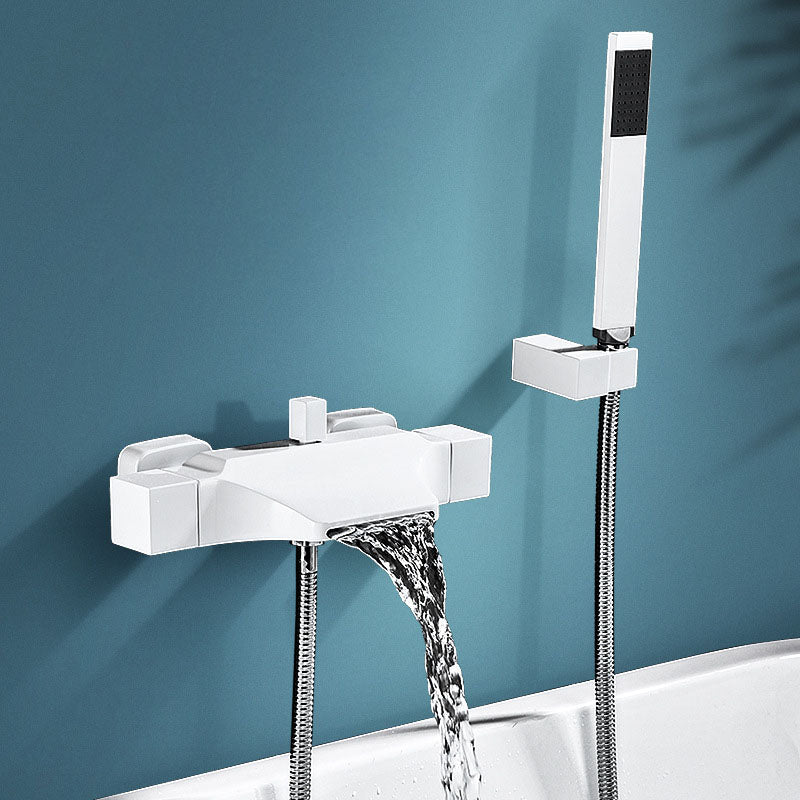 Contemporary Wall Mounted Metal Tub Filler Double Handles Waterfall Tub Faucet Trim Clearhalo 'Bathroom Remodel & Bathroom Fixtures' 'Bathtub Faucets' 'bathtub_faucets' 'Home Improvement' 'home_improvement' 'home_improvement_bathtub_faucets' 6668169