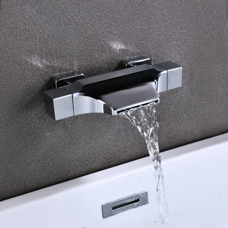 Contemporary Wall Mounted Metal Tub Filler Double Handles Waterfall Tub Faucet Trim Nickel Hand Shower Not Included Risers Not Included Clearhalo 'Bathroom Remodel & Bathroom Fixtures' 'Bathtub Faucets' 'bathtub_faucets' 'Home Improvement' 'home_improvement' 'home_improvement_bathtub_faucets' 6668170