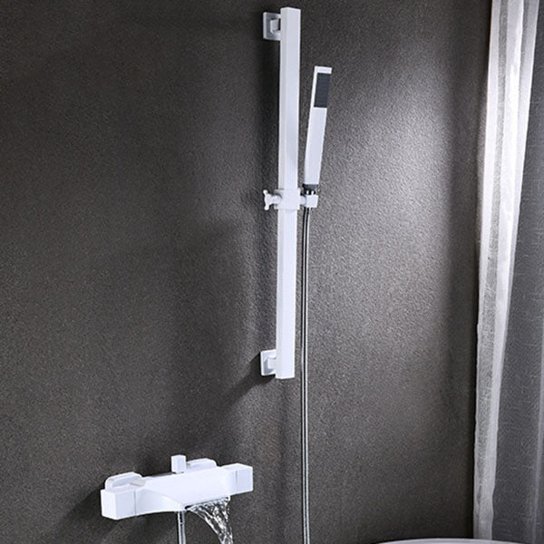 Contemporary Wall Mounted Metal Tub Filler Double Handles Waterfall Tub Faucet Trim White Hand Shower Included Risers Included Clearhalo 'Bathroom Remodel & Bathroom Fixtures' 'Bathtub Faucets' 'bathtub_faucets' 'Home Improvement' 'home_improvement' 'home_improvement_bathtub_faucets' 6668172