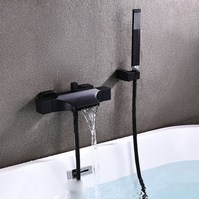 Contemporary Wall Mounted Metal Tub Filler Double Handles Waterfall Tub Faucet Trim Black Hand Shower Included Risers Not Included Clearhalo 'Bathroom Remodel & Bathroom Fixtures' 'Bathtub Faucets' 'bathtub_faucets' 'Home Improvement' 'home_improvement' 'home_improvement_bathtub_faucets' 6668174