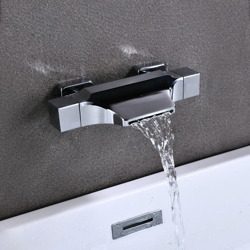 Contemporary Wall Mounted Metal Tub Filler Double Handles Waterfall Tub Faucet Trim Clearhalo 'Bathroom Remodel & Bathroom Fixtures' 'Bathtub Faucets' 'bathtub_faucets' 'Home Improvement' 'home_improvement' 'home_improvement_bathtub_faucets' 6668175