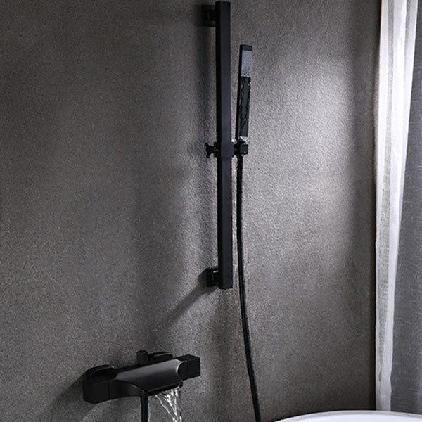 Contemporary Wall Mounted Metal Tub Filler Double Handles Waterfall Tub Faucet Trim Black Hand Shower Included Risers Included Clearhalo 'Bathroom Remodel & Bathroom Fixtures' 'Bathtub Faucets' 'bathtub_faucets' 'Home Improvement' 'home_improvement' 'home_improvement_bathtub_faucets' 6668176