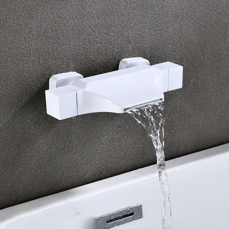 Contemporary Wall Mounted Metal Tub Filler Double Handles Waterfall Tub Faucet Trim White Hand Shower Not Included Risers Not Included Clearhalo 'Bathroom Remodel & Bathroom Fixtures' 'Bathtub Faucets' 'bathtub_faucets' 'Home Improvement' 'home_improvement' 'home_improvement_bathtub_faucets' 6668178
