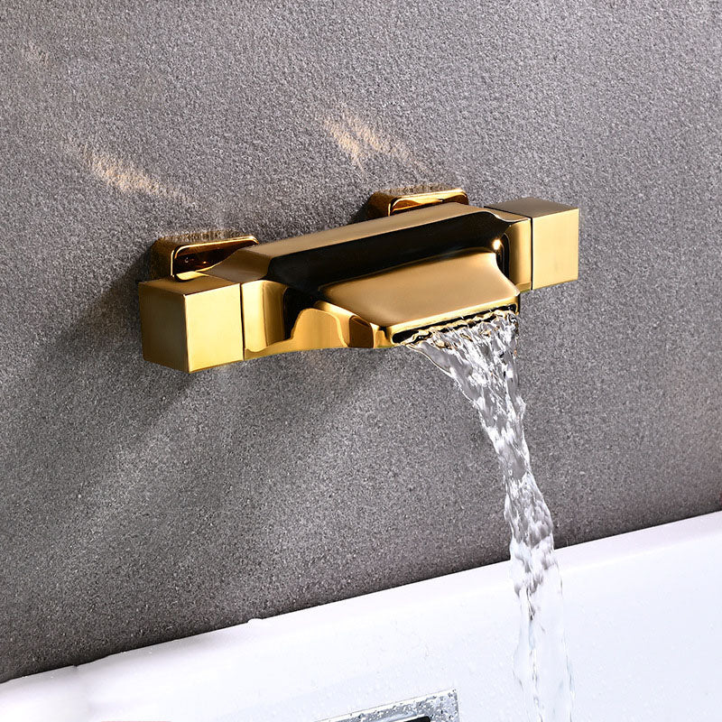 Contemporary Wall Mounted Metal Tub Filler Double Handles Waterfall Tub Faucet Trim Gold Hand Shower Not Included Risers Not Included Clearhalo 'Bathroom Remodel & Bathroom Fixtures' 'Bathtub Faucets' 'bathtub_faucets' 'Home Improvement' 'home_improvement' 'home_improvement_bathtub_faucets' 6668180