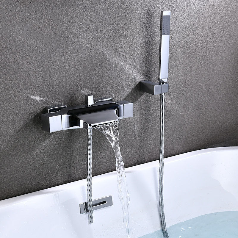 Contemporary Wall Mounted Metal Tub Filler Double Handles Waterfall Tub Faucet Trim Nickel Hand Shower Included Risers Not Included Clearhalo 'Bathroom Remodel & Bathroom Fixtures' 'Bathtub Faucets' 'bathtub_faucets' 'Home Improvement' 'home_improvement' 'home_improvement_bathtub_faucets' 6668181