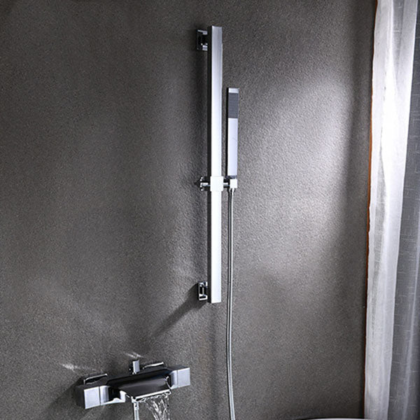 Contemporary Wall Mounted Metal Tub Filler Double Handles Waterfall Tub Faucet Trim Nickel Hand Shower Included Risers Included Clearhalo 'Bathroom Remodel & Bathroom Fixtures' 'Bathtub Faucets' 'bathtub_faucets' 'Home Improvement' 'home_improvement' 'home_improvement_bathtub_faucets' 6668183