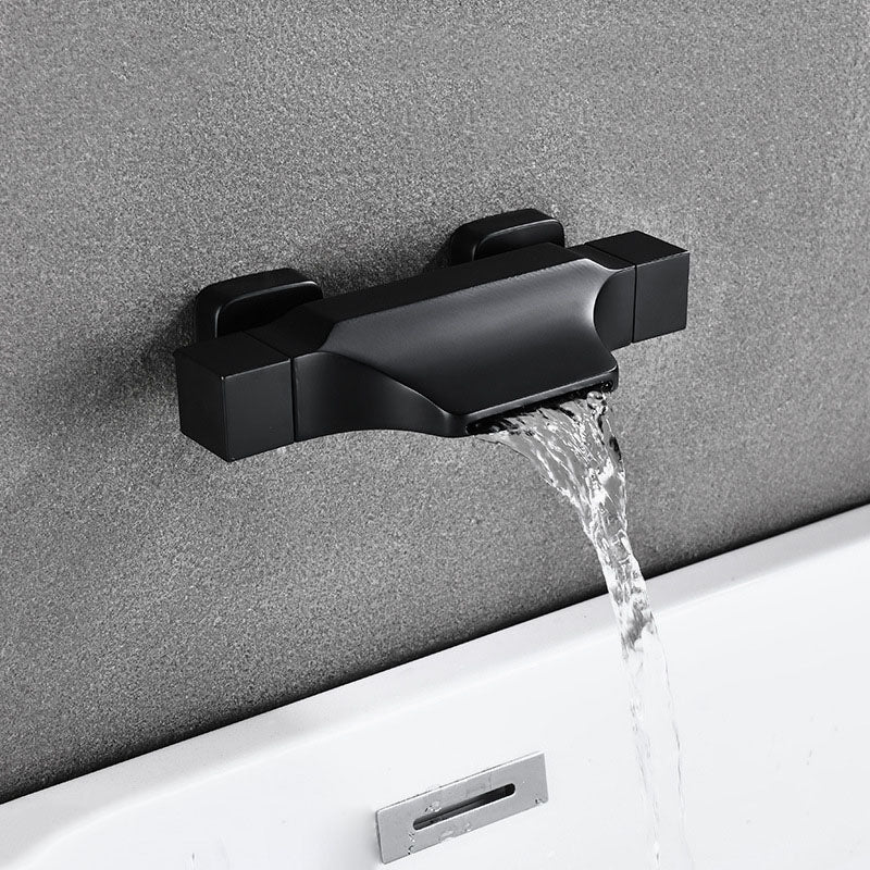 Contemporary Wall Mounted Metal Tub Filler Double Handles Waterfall Tub Faucet Trim Black Hand Shower Not Included Risers Not Included Clearhalo 'Bathroom Remodel & Bathroom Fixtures' 'Bathtub Faucets' 'bathtub_faucets' 'Home Improvement' 'home_improvement' 'home_improvement_bathtub_faucets' 6668185