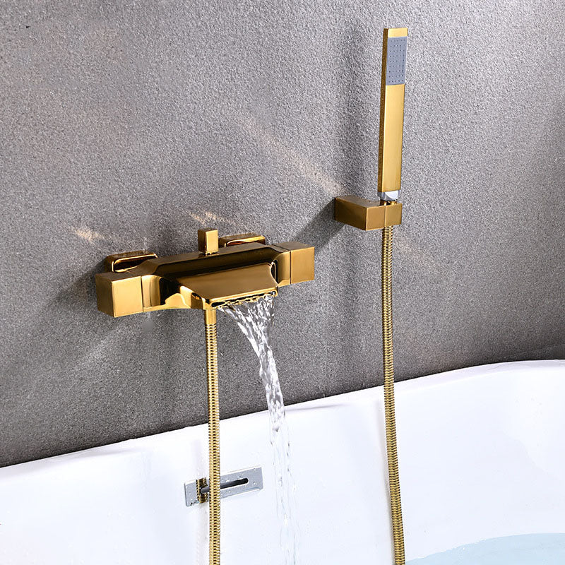 Contemporary Wall Mounted Metal Tub Filler Double Handles Waterfall Tub Faucet Trim Gold Hand Shower Included Risers Not Included Clearhalo 'Bathroom Remodel & Bathroom Fixtures' 'Bathtub Faucets' 'bathtub_faucets' 'Home Improvement' 'home_improvement' 'home_improvement_bathtub_faucets' 6668187