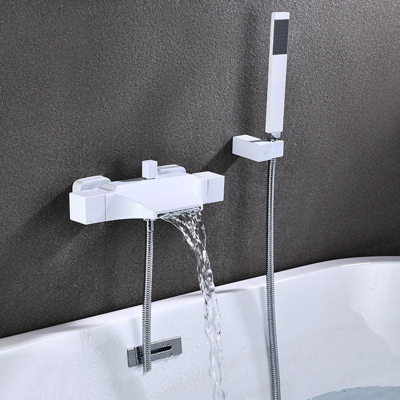 Contemporary Wall Mounted Metal Tub Filler Double Handles Waterfall Tub Faucet Trim White Hand Shower Included Risers Not Included Clearhalo 'Bathroom Remodel & Bathroom Fixtures' 'Bathtub Faucets' 'bathtub_faucets' 'Home Improvement' 'home_improvement' 'home_improvement_bathtub_faucets' 6668189